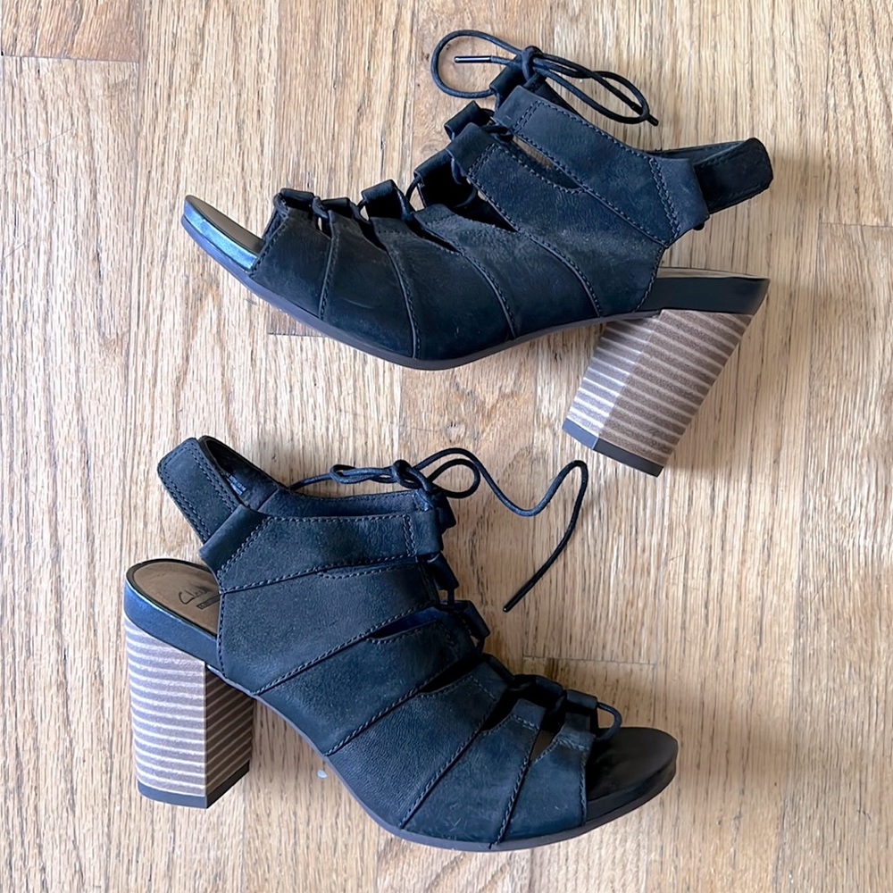 Clarks black open-toe lace-up heel